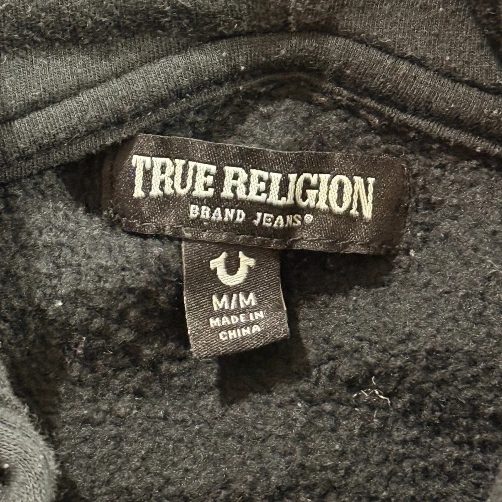 True Religion Zip Up Hoodie Mens Medium Black Good Multi Logo Flock Sweatshirt